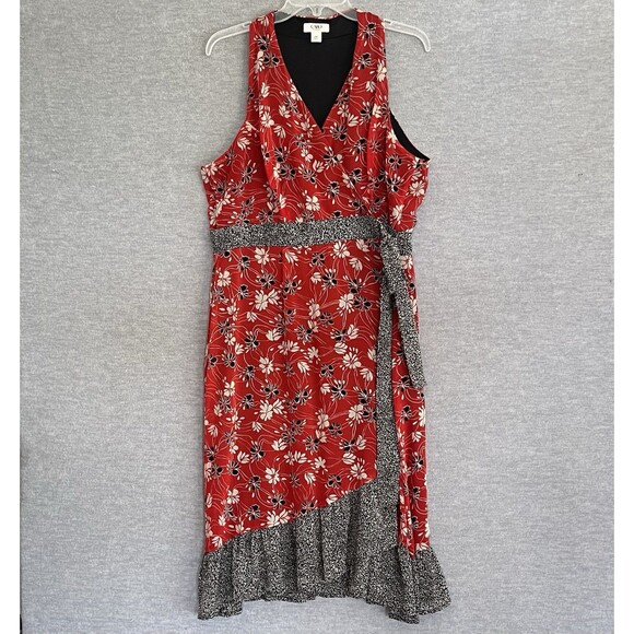 Cato Floral Asymmetrical Ruffle Wrap Dress 16 16W Red Black Cottagecore Romantic - Picture 6 of 14